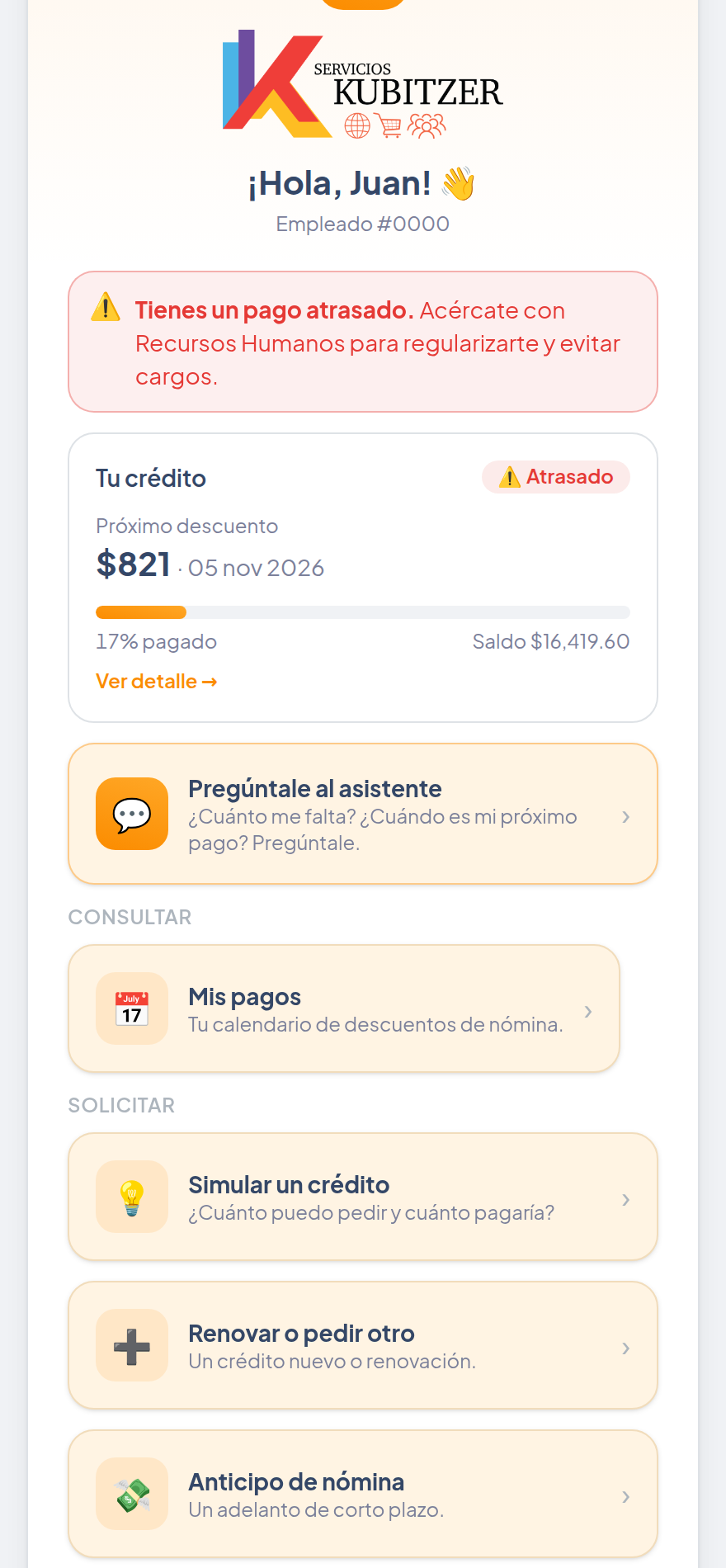 Portal del empleado: su crédito de un vistazo, próximo descuento y avisos